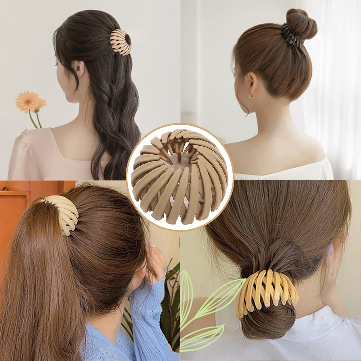 3 Pcs Magic Retro Retractable Hair Clips - Bun Clip, Ponytail Braid Fixer, Hair Snaps for Women and Girls (Yellow, Red, Beige)