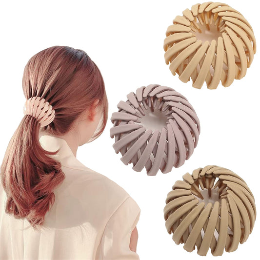 3 Pcs Magic Retro Retractable Hair Clips - Bun Clip, Ponytail Braid Fixer, Hair Snaps for Women and Girls (Yellow, Red, Beige)