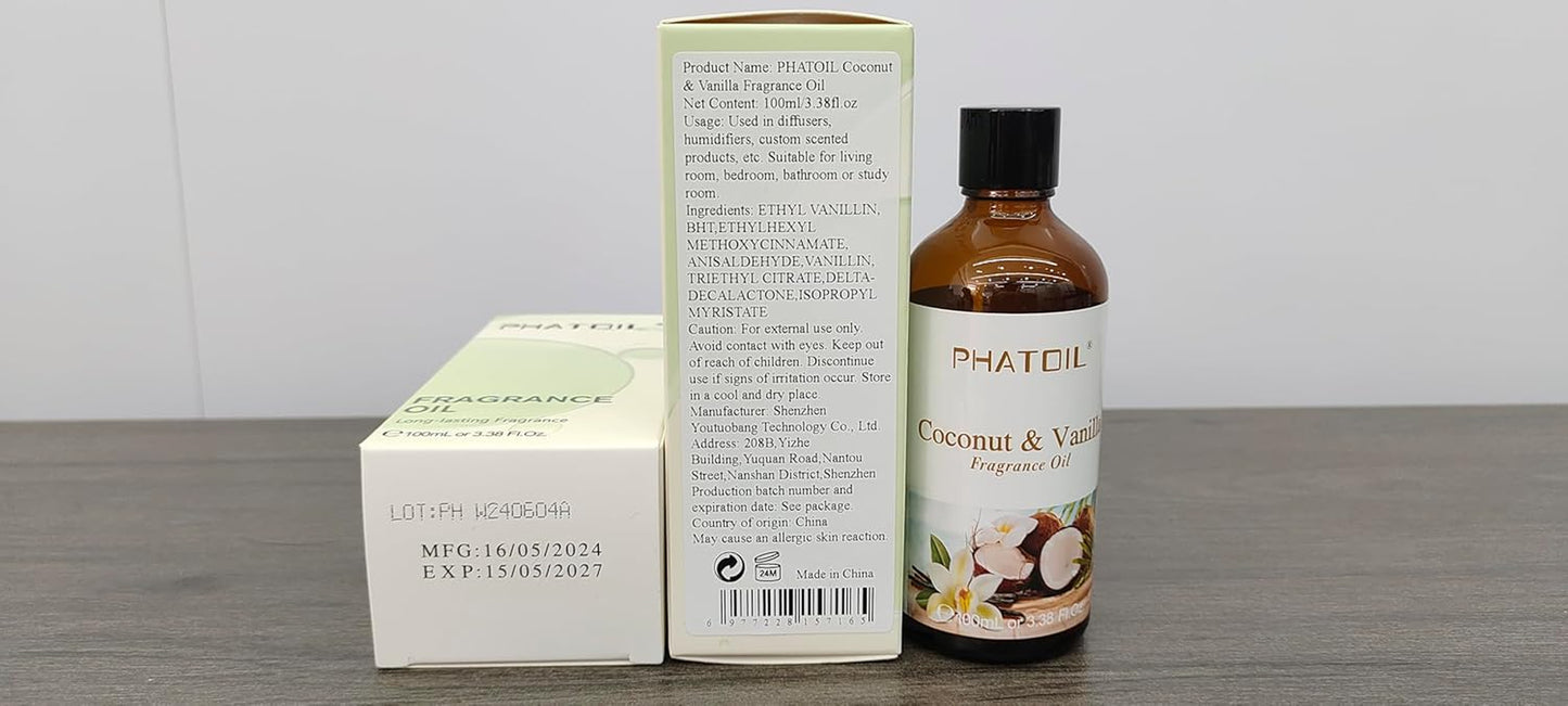 3.38FL.OZ Coconut & Vanilla Fragrance Oils for Aromatherapy, Essential Oils for Diffusers for Home, Perfect for Diffuser, Yoga, DIY Candle and Soap Making - 100Ml