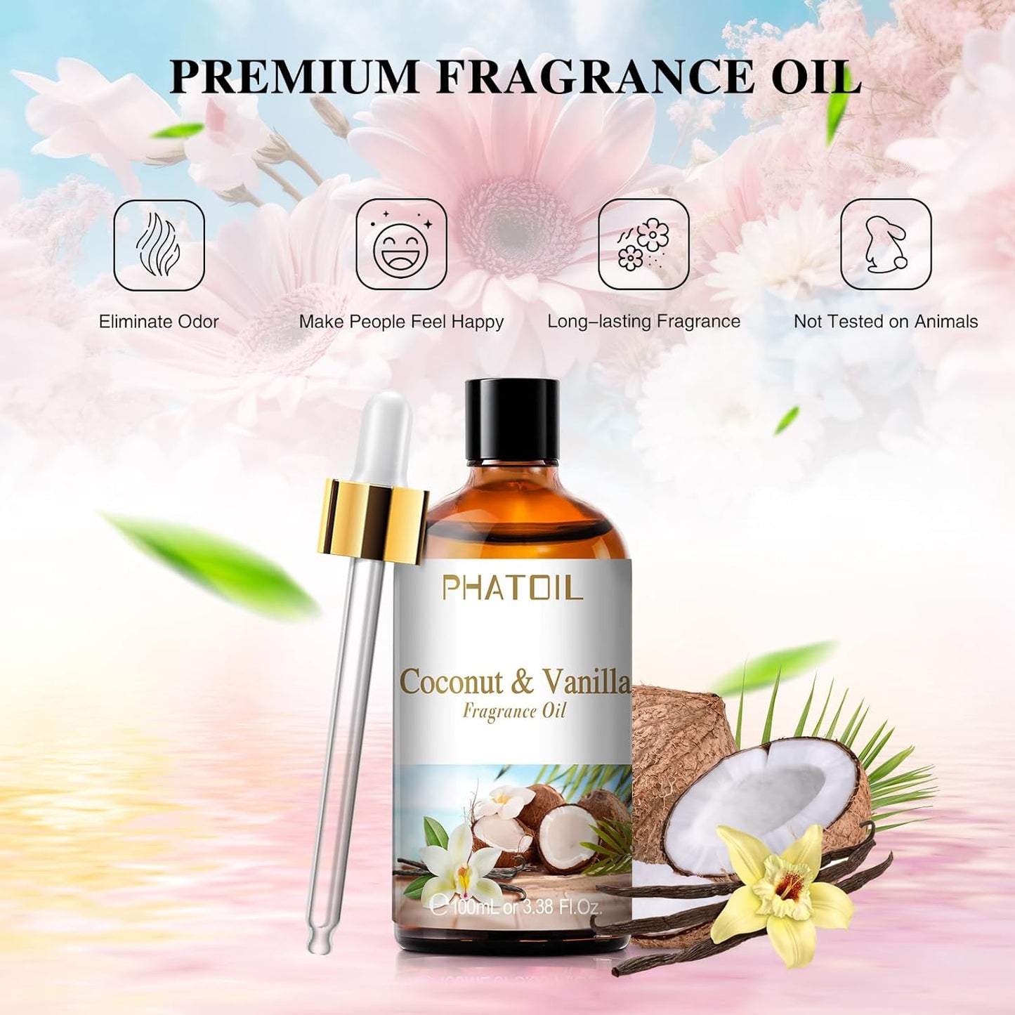 3.38FL.OZ Coconut & Vanilla Fragrance Oils for Aromatherapy, Essential Oils for Diffusers for Home, Perfect for Diffuser, Yoga, DIY Candle and Soap Making - 100Ml